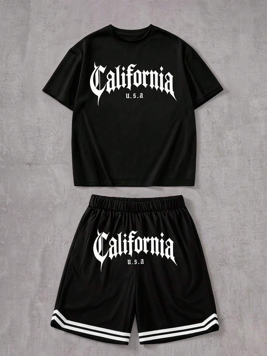 2pcs Teen Spring/Summer American Street Style Sports Set, Vintage Font California Print T-Shirt + Striped Trim Shorts Set - Multicolor - View 1