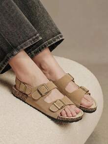 Solecia Three-Buckle Rear Strap Cork Sandals Women, Retro Suede Adjustable Buckle To Wear Boken Sandals - tawny - View 10