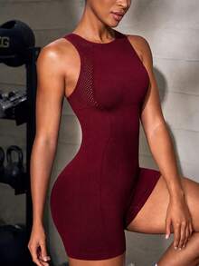 Solea Cove Solea Cove 1pc Burgundy Racerback Seamless Sports Short Jumpsuit, Slim Bodycon Fit, For Gym Weightlifting Workout Summer - Burgundy - View 3