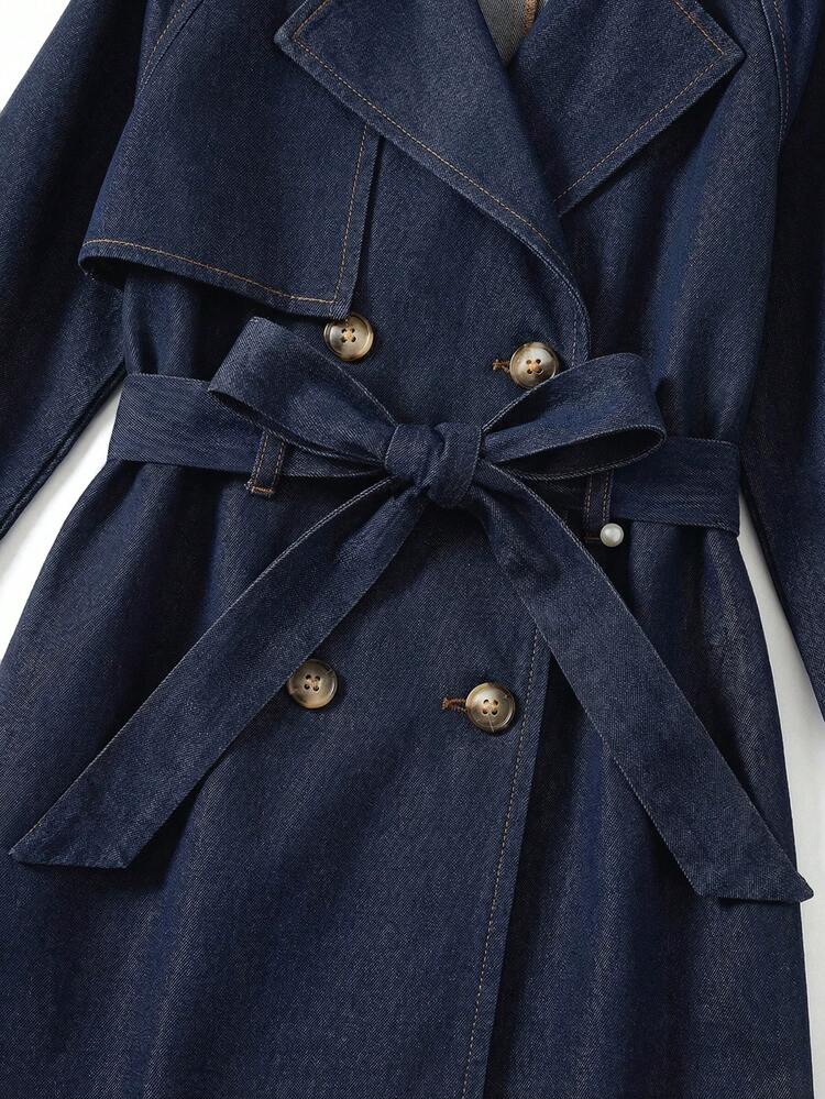 SHEIN 少女編織雙排扣翻領寬鬆長款風衣外套，秋季職業日、返校季休閒風 Y2K 防風派克夾克 - 藍色 - 查看 11