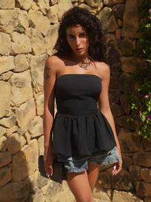 ZOE BAYONA Atasan Wanita Ruched Ruffle Hem Zip Plain Casual - Hitam - View 1