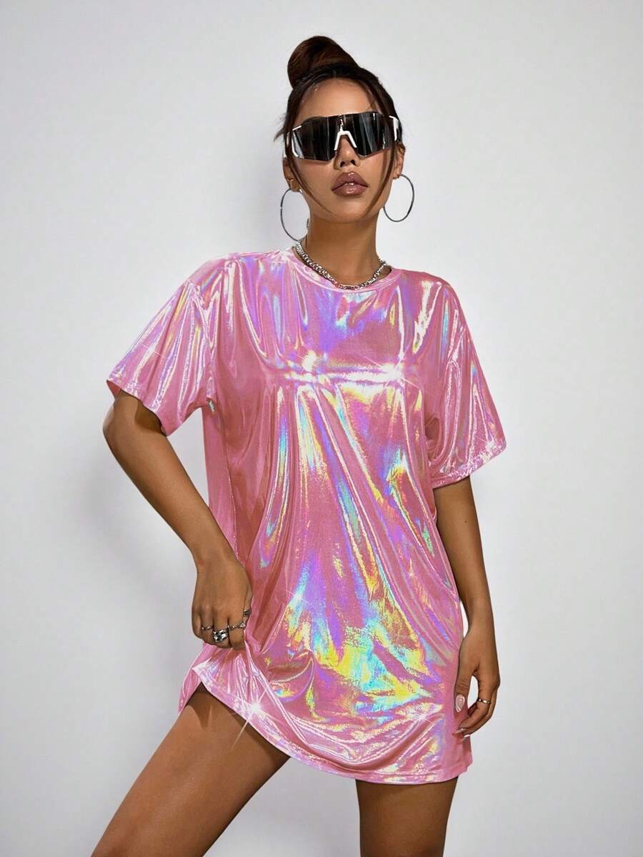 SHEIN ICON 超大偏光涂层T恤连衣裙迷你 - 粉色 - 查看 1