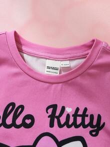 HELLO KITTY AND FRIENDS | SHEIN 女嬰字母印花短袖T恤與短褲休閒套裝 - 粉色 - 查看 3