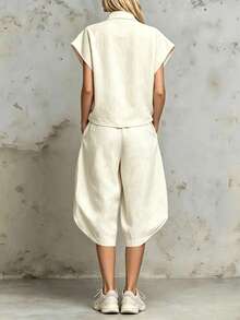 SHEIN Holidaya 新款淺米色水洗亞麻POLO落肩3/4燈籠褲兩件套，休閒度假風，適合度假、日常通勤、旅行 - 米色 - 查看 2