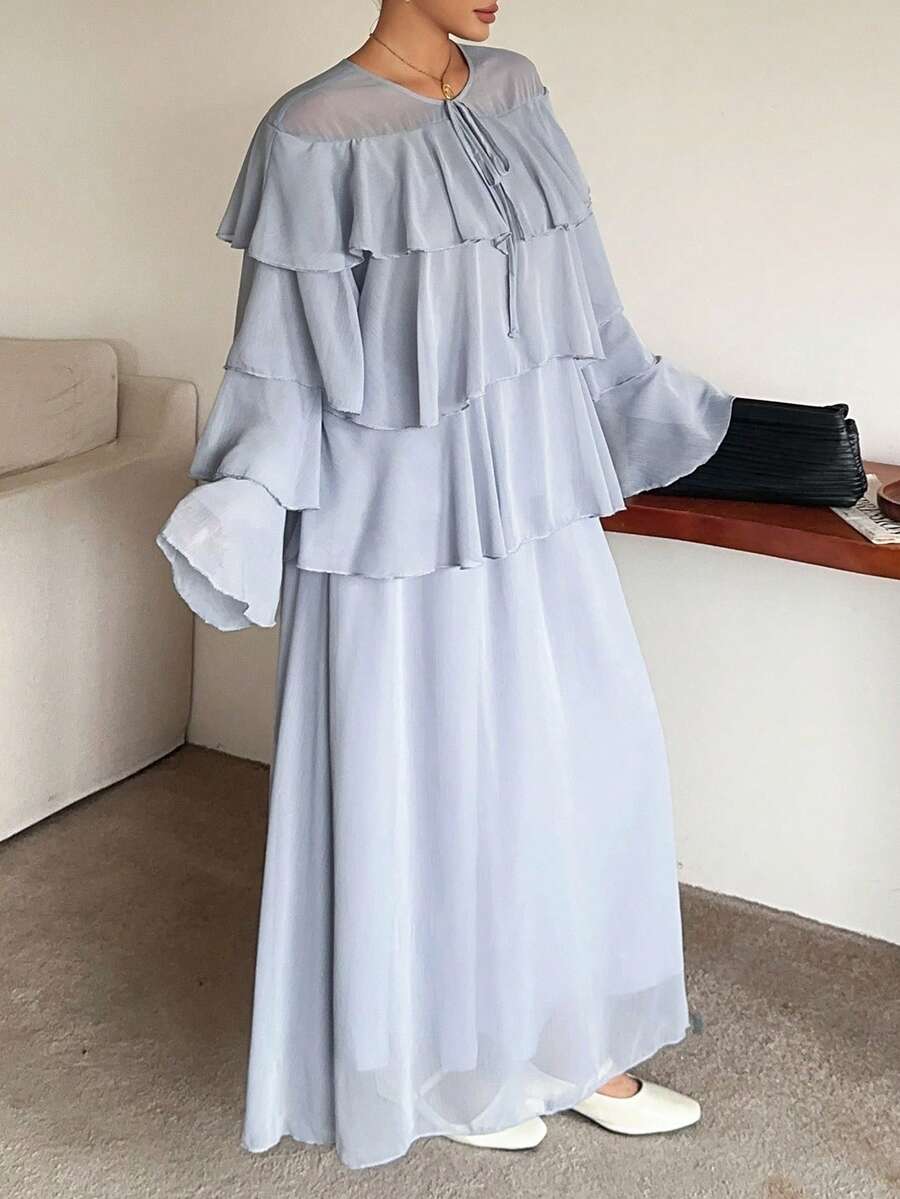 Dazy Plus Holiday Outfit Chiffon Round Neck Ruffle Blouse Casual Skirt 2 Pieces Set Spring Summer Autumn Wedding Guest Women Long Sleeve Tops - Dusty Blue - View 1