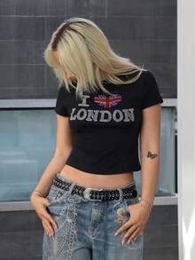 ROMWE J-Fashion Kaos Crop Top Wanita Bergaya Y2K Musim Semi/Panas dengan Motif Kamuflase, Bendera AS Berhiaskan Rhinestone & Teks Bahasa Inggris - Hitam - View 1