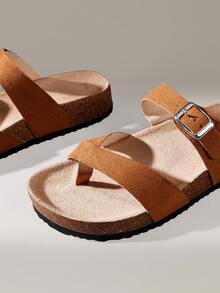 Solecia Women's Adjustable Buckle Casual Beach Slippers For Christmas Summer Shoes - Camel flannel - View 5
