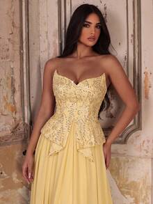 Glamrae Gaun A-Line Bustier Patchwork Manik-Manik Chiffon Kuning Elegan, Gaun Formal Modis untuk Tamu Pernikahan, Pesta Lajang & Makan Malam Formal - Kuning - View 4
