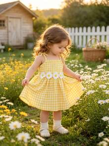 Souflis Souflis Baby Girls Cute Gingham Pinafore Dress With Applique Decor - Yellow - View 9