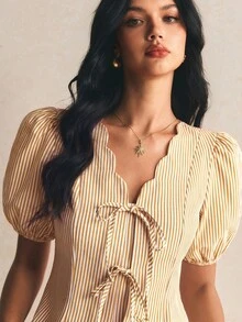 Poéselle 女款柔軟棉質黃白條紋短袖上衣，前綁帶波浪邊襟領襯衫，四季百搭日常通勤、辦公、返校穿搭 - 黃色 - 查看 7