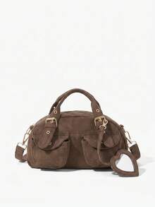 Viva Strut Ladies Fashionable Casual Street Personalized Sweet Cool Spice Y2K, Heart Mirror Pendant Rivet Design, Brown Suede Retro Handbag, Crossbody Bag - Coffee - View 1