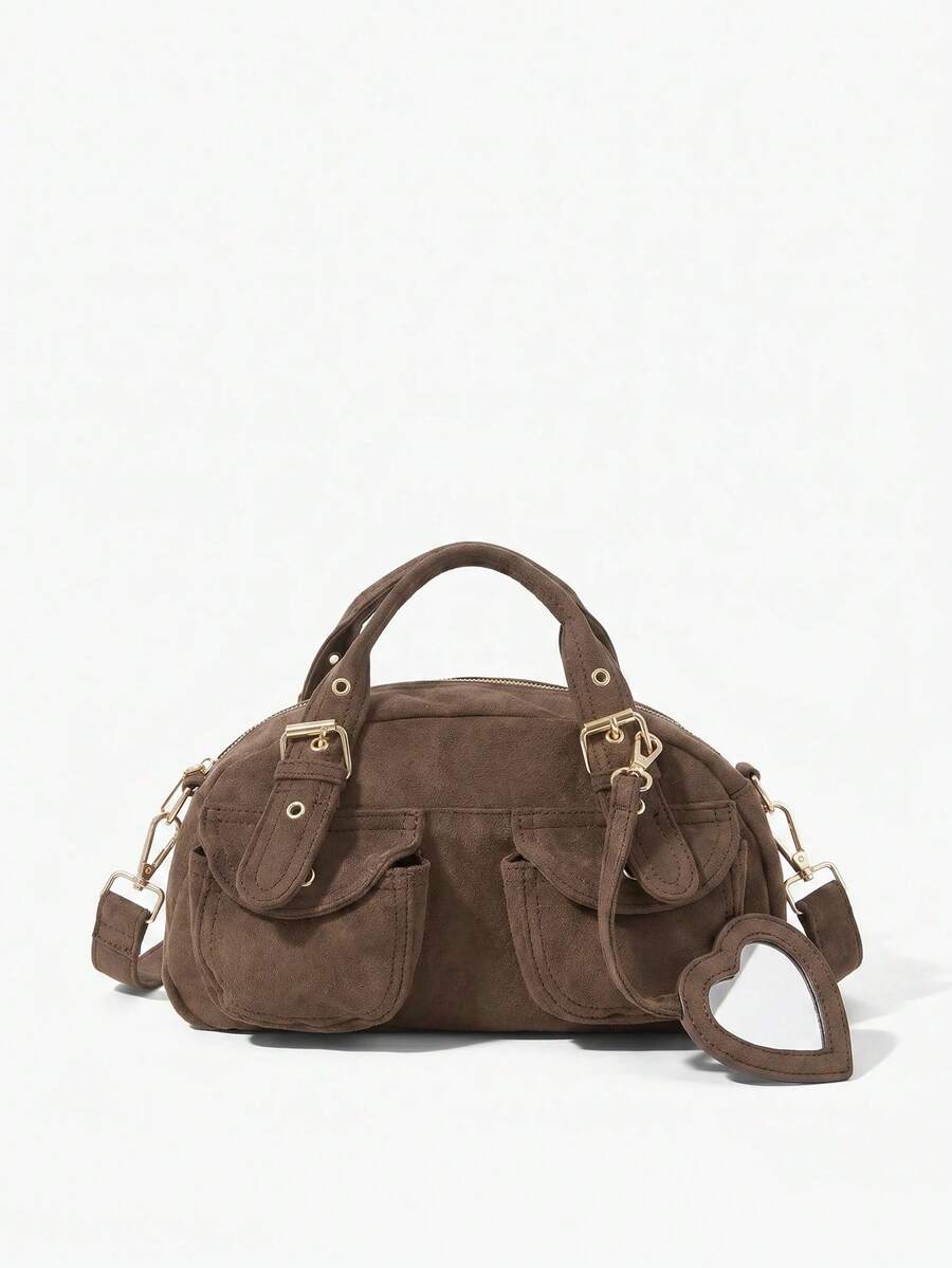 Viva Strut Ladies Fashionable Casual Street Personalized Sweet Cool Spice Y2K, Heart Mirror Pendant Rivet Design, Brown Suede Retro Handbag, Crossbody Bag - Coffee - View 1