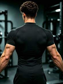 GymBeat 男士半高領健身T恤，啞鈴印花短袖肌肉修身運動上衣，舒適運動訓練T恤 - 黑色 - 查看 2