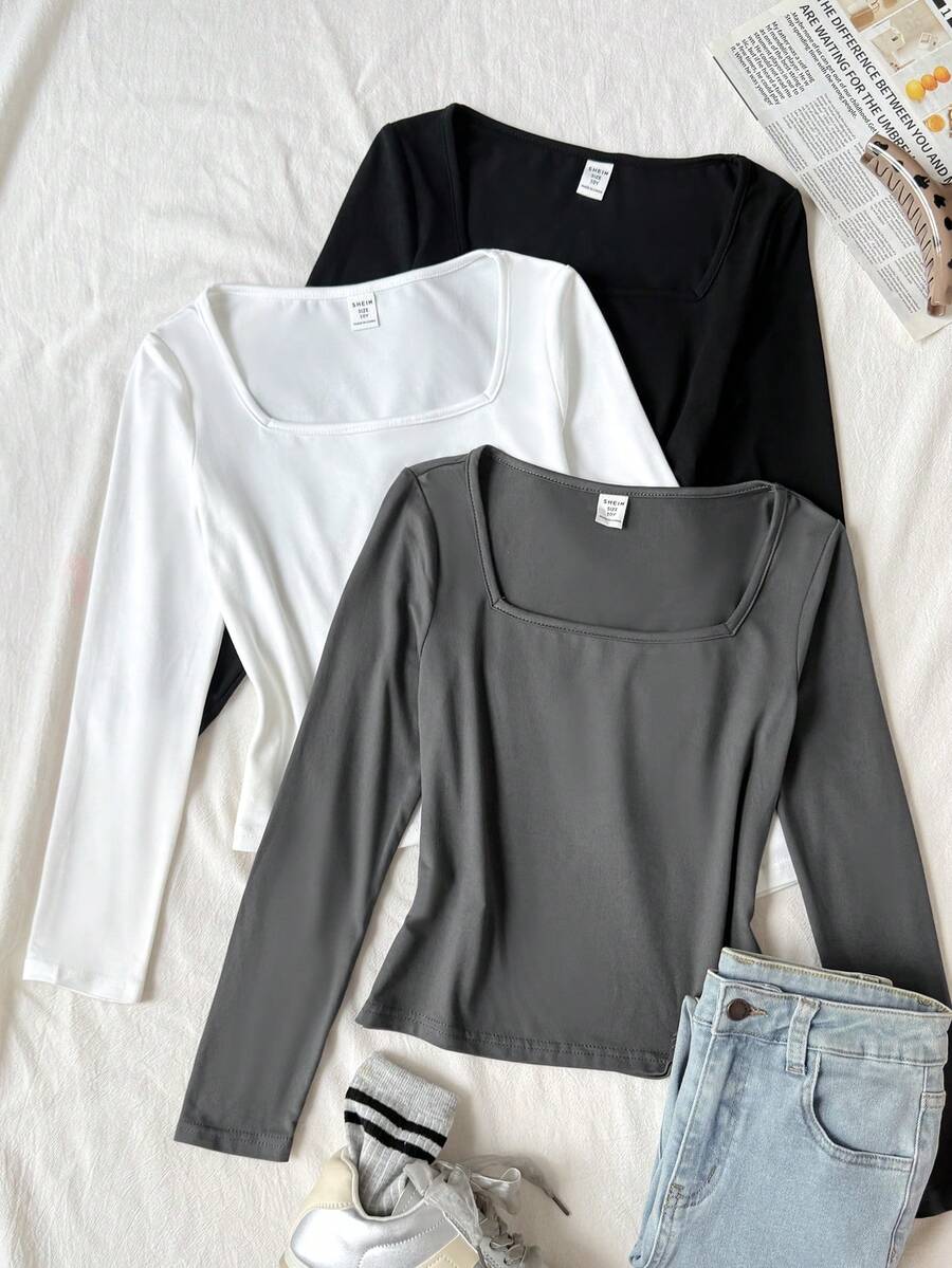 SHEIN Tween Girls Tween Girl Black White Grey 3 PiecesT-Shirt Set, Casual Everyday All-Match Versatile - Multicolor - View 1