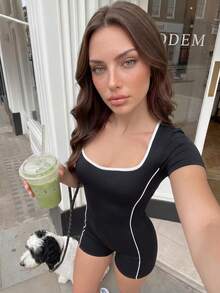 Dewbera Dewbera Casual Versatile Striped Colorblock Short Sleeve Sports Romper - Black - View 13