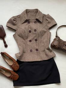 Comfortcana Jaket Trench Coat Kasual Kancing Ganda Motif Houndstooth untuk Wanita - MultiWarna - View 4