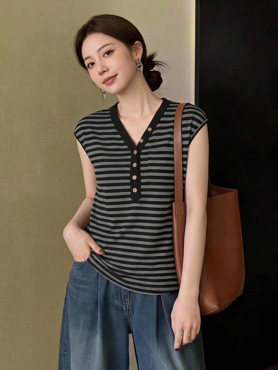 Yumoku 休閒女款夏季條紋T恤 - 彩色 - 查看 1