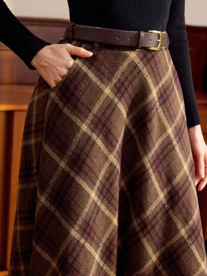 Vintamour Elegant Women's High Waist Brown Plaid Skirt, With Pockets, Casual A-Line Long Flare Skirt, Suitable For Winter Office, Christmas, Back To School And Other Occasions, Autumn Clothing