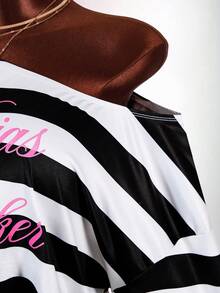 Amplova Asymmetric Neck Fitted Cropped Top With 5-Point Sleeves, Ultra Low Waist Colorblock Striped Y2K Slogan Black & White 2 Pieces Set For Women - Black - View 5