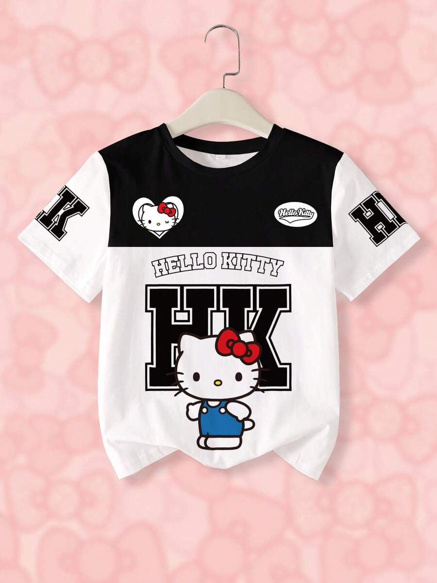 HELLO KITTY AND FRIENDS | SHEIN 少女圆领短袖可爱卡通印花休闲T恤 - 白色 - 查看 1