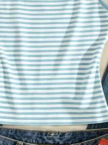 IslaSuriya Plus Size Blue & White Striped Camisole Tank Top For Women, Adjustable Thin Straps, Slim Fit, Versatile For Travel And Commute, Fresh Girly Style, Spring/Summer Casual Striped Cami - Blue and White - View 5