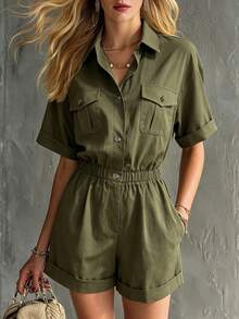 Breezaya Women's Solid Color Pleated Casual Daily Wear Romper - Army Green - View 1