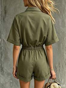 Breezaya Women's Solid Color Pleated Casual Daily Wear Romper - Army Green - View 2