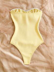 Franclia Plus Size Sexy Fitted Ruched Strapless Bodysuit With Metal Buckle - Yellow - View 2