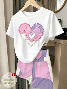 (Patrón Aleatorio, 1 Set Aleatorio) Camiseta Corta Básica & Shorts para Niñas Jóvenes con Patrón de Rayas, Cara de Dibujos Animados, Parches de Corazón y Lazo en Púrpura & Rosa Fresco - Multicolor - Ver 3