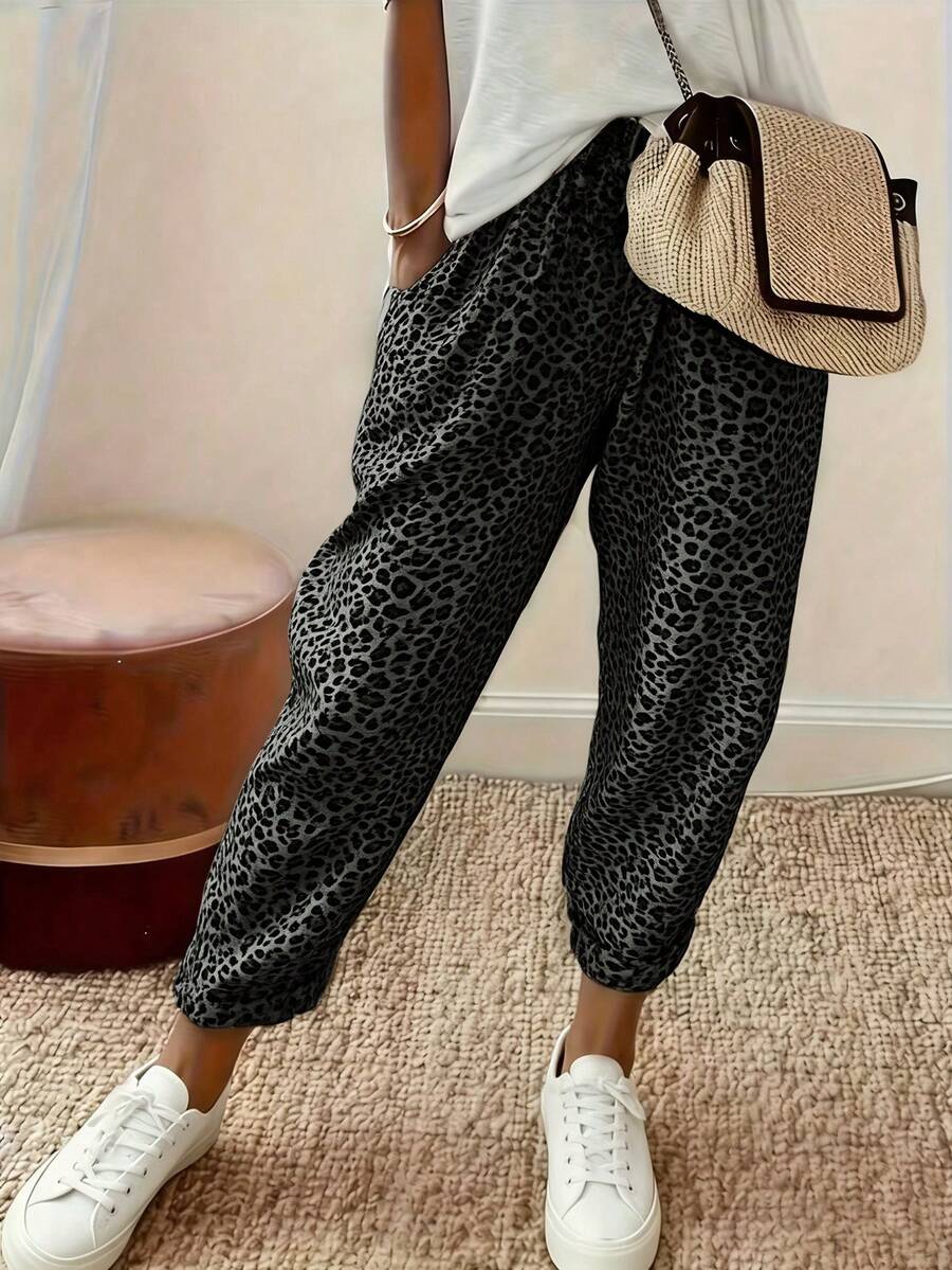 EMERY ROSE Plus Size Women's High Waist Loose Leopard Print Ankle Pants Fall - Dark Grey - View 1