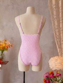 Swim Mod Pakaian Pantai Wanita untuk Liburan Musim Semi/Panas Motif Polkadot Merah Muda dan Putih, Baju Terusan dengan Tali Bahu yang Dapat Diatur, Gaya Tropis yang Imut - MultiWarna - View 2