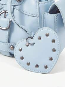Viva Strut Ladies Fashionable Personalized Street Sweet Cool Babes Y2K Style Heart Pendant Vintage Locomotive Handbag, Light Blue Fauxn Leather - Sky Blue - View 7