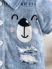 SHEIN Vintaside Kids 嬰兒男童卡通圖案牛仔效果短袖連體褲 - 藍色 - 查看 6