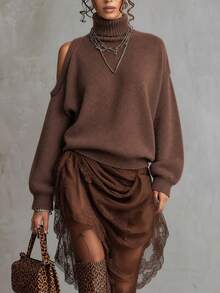 SHEIN Fiorisel Women's Autumn/Winter High Neck Solid Color Casual Loose Pullover Sweater Off-Shoulder Knit Top - Brown - View 4
