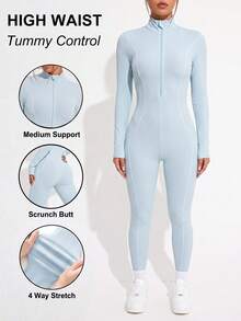 Easithlete Easithlete Women's Solid Color Long Sleeve Zipper Front Athletic Jumpsuit - Dark Grey - View 1