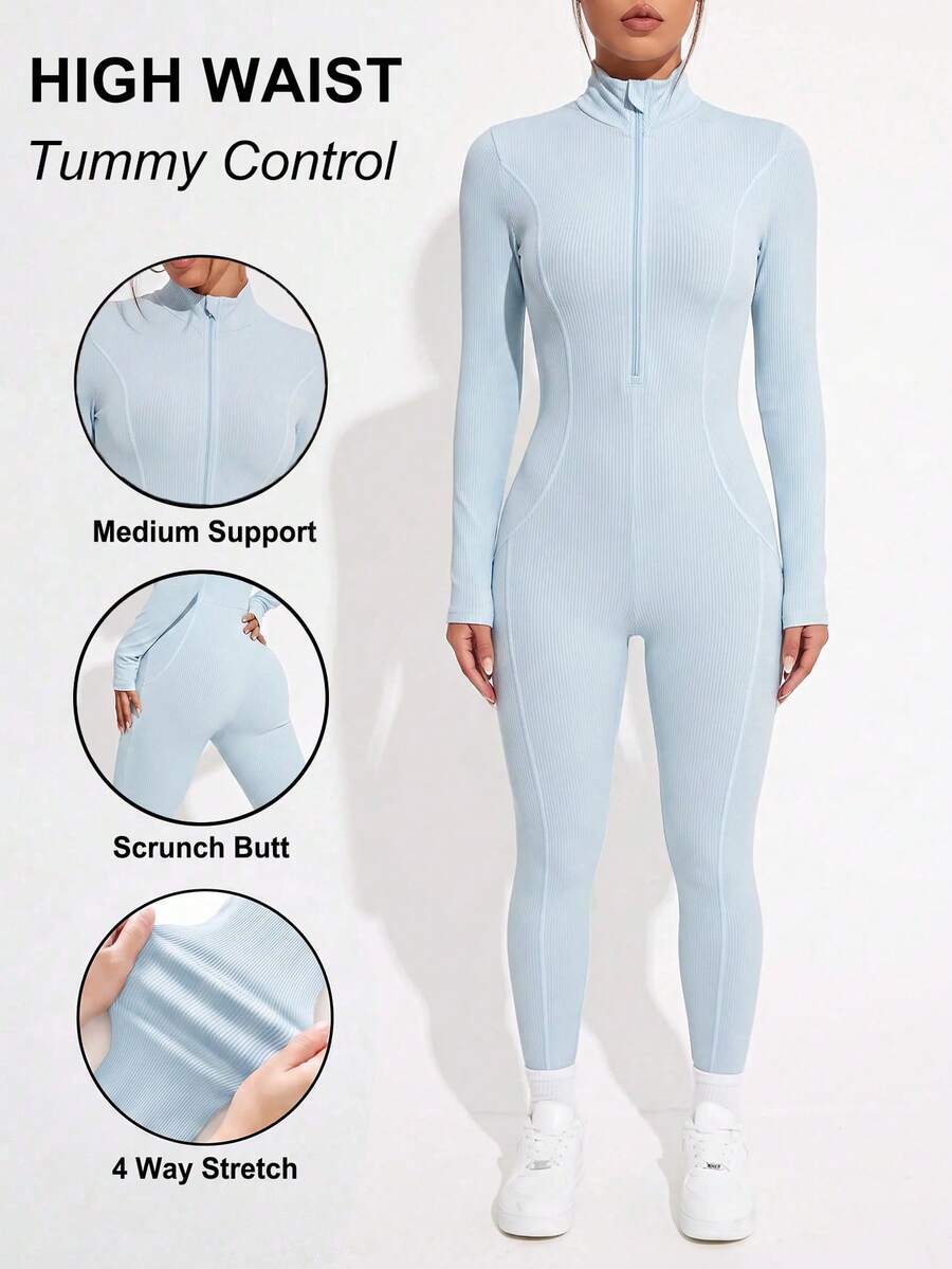 Easithlete Easithlete Women's Solid Color Long Sleeve Zipper Front Athletic Jumpsuit - Dark Grey - View 1