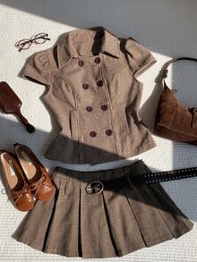 Comfortcana Jaket Trench Coat Kasual Kancing Ganda Motif Houndstooth untuk Wanita - MultiWarna - View 5
