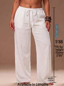 SHEIN Tall CURVE 大尺碼女款抽繩腰休閒百搭日常穿著長褲 - 白色 - 查看 2