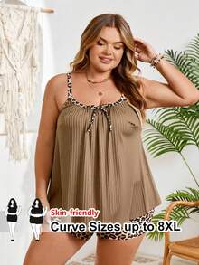 SHEIN CURVE+ 女款大尺碼羅紋豹紋比基尼套裝，2件式背心比基尼泳褲，米色夏季性感沙灘泳裝 - 咖啡棕 - 查看 1