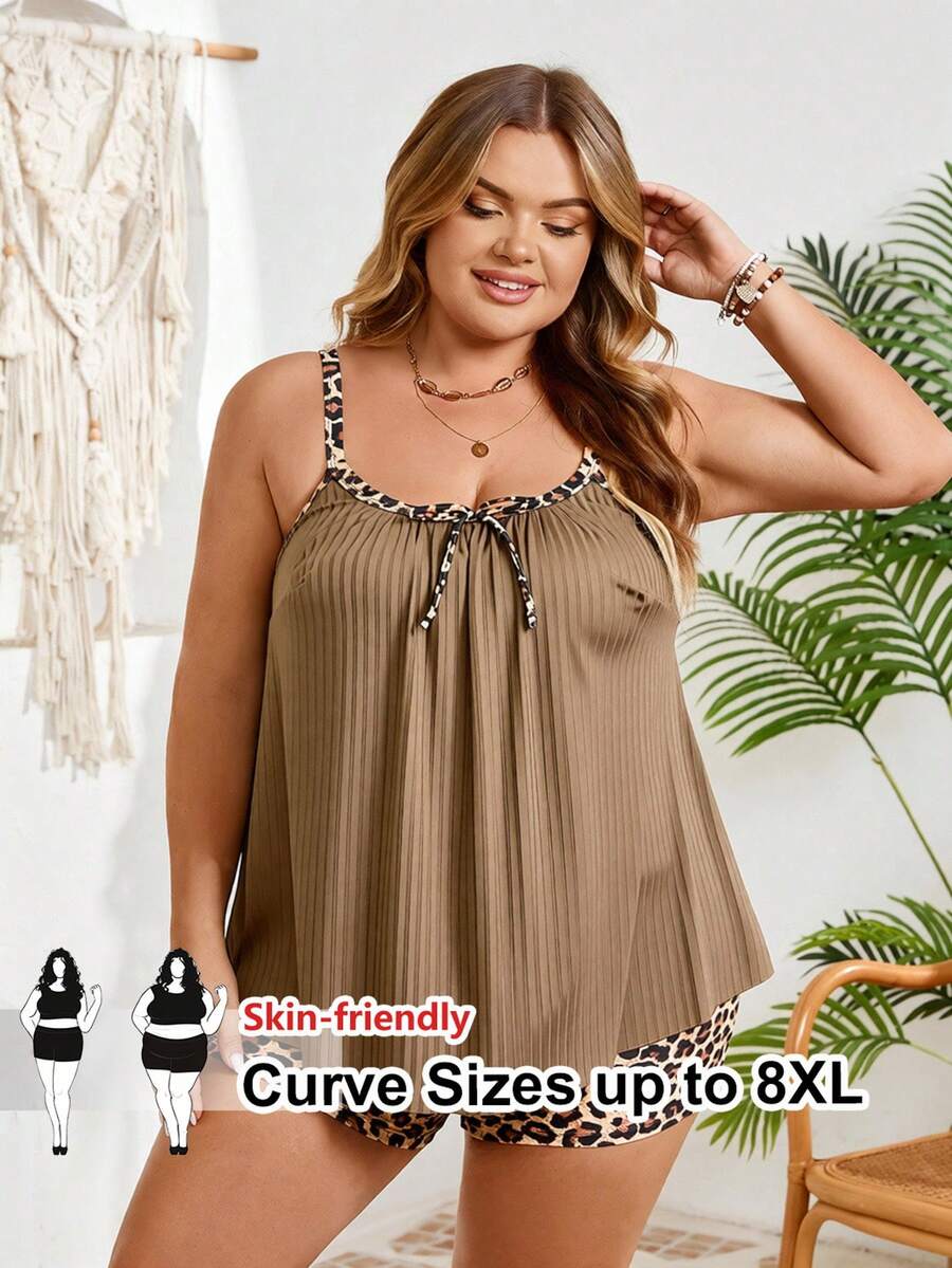 SHEIN CURVE+ 女款大尺碼羅紋豹紋比基尼套裝,2件式背心比基尼泳褲,米色夏季性感沙灘泳裝 - 咖啡棕 - 查看 1