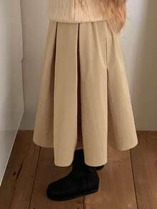 DAZY Loose A-Line Pleated Long Skirt Solid Color Cute Minimalist Young Girls Skirt Fall - Khaki - View 3