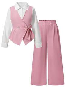 SHEIN 女童甜美學院風 80 年代 3 件套 白色領襯衫＋淺粉色收腰背心＋側蝴蝶結鬆緊腰寬腿褲，適合家庭、校園、秋季 - 粉色 - 查看 7