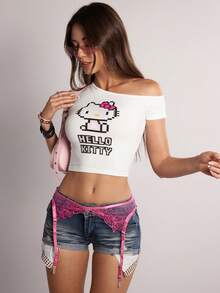 Rina Fox HELLO KITTY AND FRIENDS | SHEIN Cartoon Print Women's Asymmetrical Shoulder Cropped T-Shirt Everyday White Summer Y2k Kawaii - White - View 5