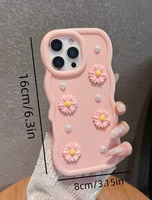 Casing Ponsel Tepi Gelombang Bunga Daisy Mutiara Kompatibel dengan iPhone 17 Pro Max, Lucu, Feminin, Lembut, TPU, Bumper, Tahan Guncangan, Pas Ramping, Pelindung - Berwarna merah muda - View 1