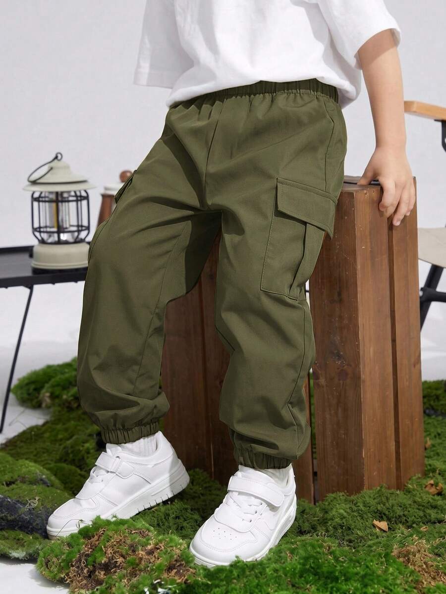 SHEIN 青少年男孩大口袋 3D 寬鬆工裝褲,適合通勤、上學、日常休閒、度假、旅行、運動,春、夏、秋、冬四季皆宜 - 軍綠色 - 查看 1