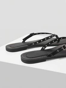 Mnmlis Flat Sandal With Crisscross Straps Adorned With Small Gold Studs. Summer Shoes - Black 3 - View 4
