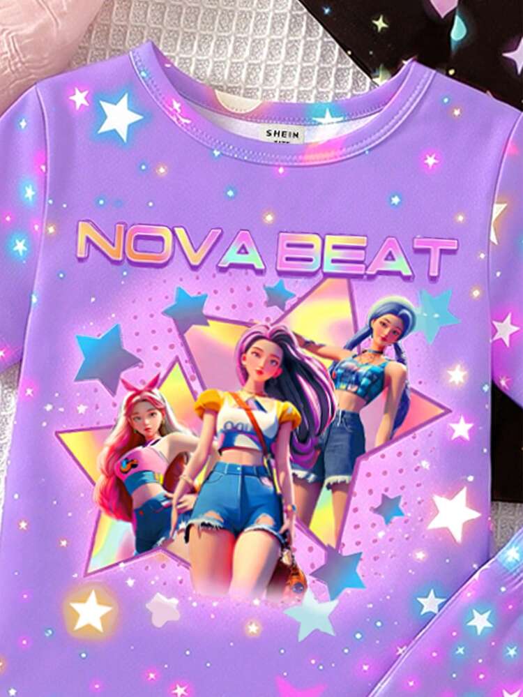 [Random 1 Set]Young Girl Cartoon Print Glow-In-The-Dark Long Sleeve Pajama Set, UV Fluorescent Purple Light Illuminated Home Wear, Crew Neck Long Sleeve Top And Pants 2-Piece Set - Multicolor - View 5