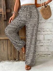 SHEIN Frenchy Women's Leopard Print Elastic Waist Casual Wide Leg Pants - Multicolor - View 5