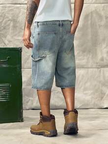 Men's Casual Pocketed Button Denim Shorts, Versatile For Daily Wear Cargo Pants - Blue - View 2