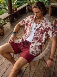 Genlund Plus Size Men Floral Print Single-Breasted Short Sleeve Top And Pocket Shorts Beach Outfit, Holiday - Burgundy - View 5